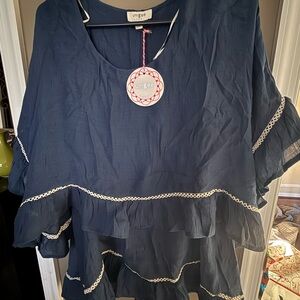 Umgee Navy Ruffle Tiered Tunic with Contrast Trim